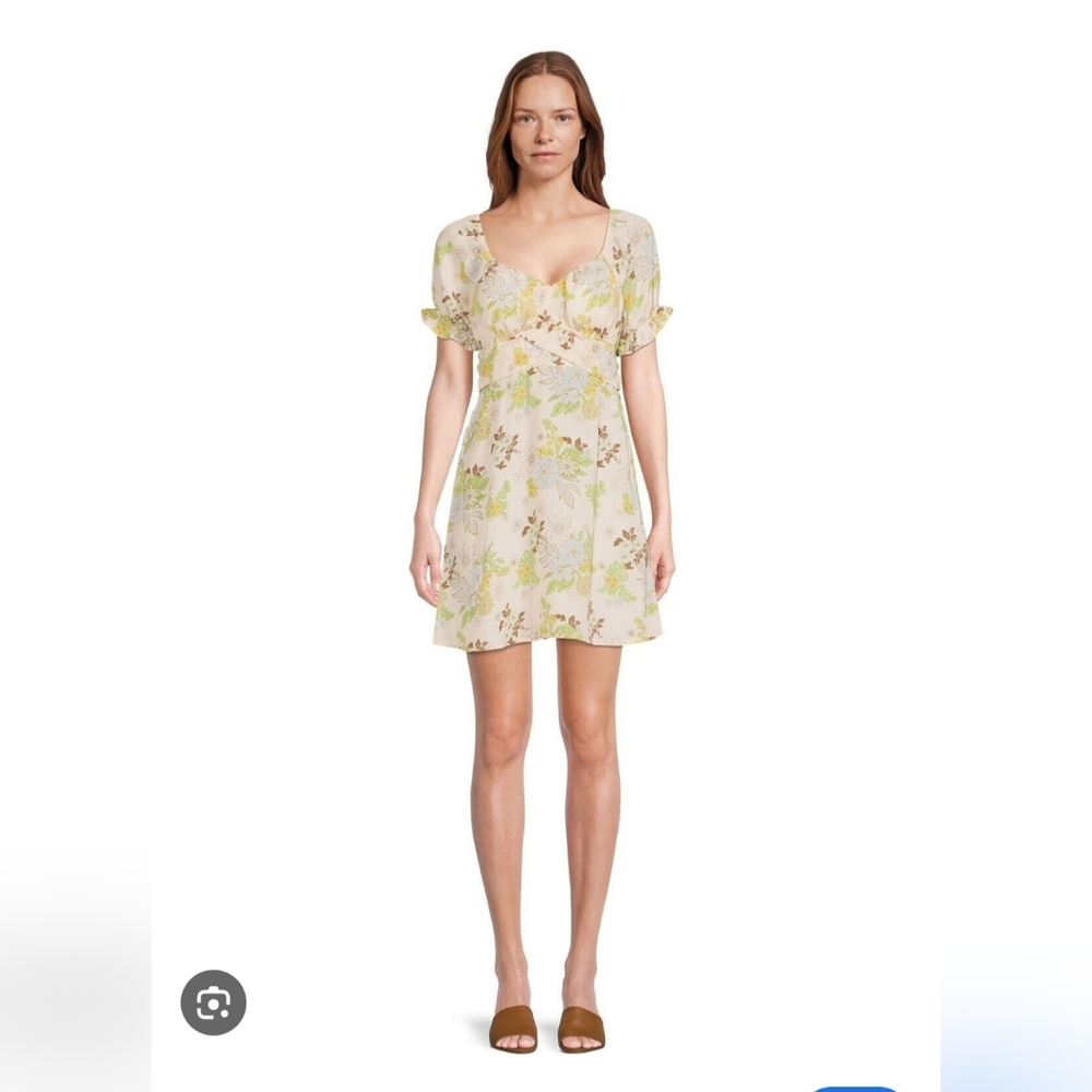 Sweetheart Floral Puff-Sleeve Mini Dress - Beige/Green